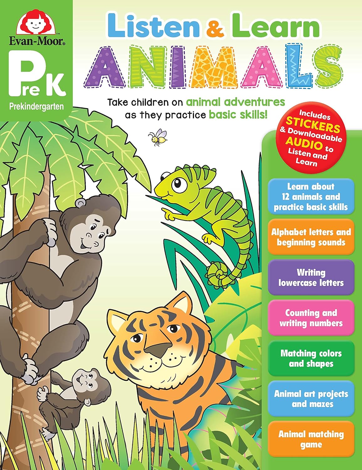Evan - Moor Listen and Learn Animals, Grade PreK, Activity Workbook, Includes Stickers And Audio read along, Basic Skills, Counting, Writing Letters, Matching Game, Art Projects, Maze, Homeschool, Color